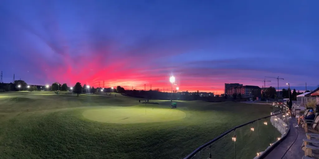 A fiery red sunset over Waterloo viewed from the Badlands patio.
