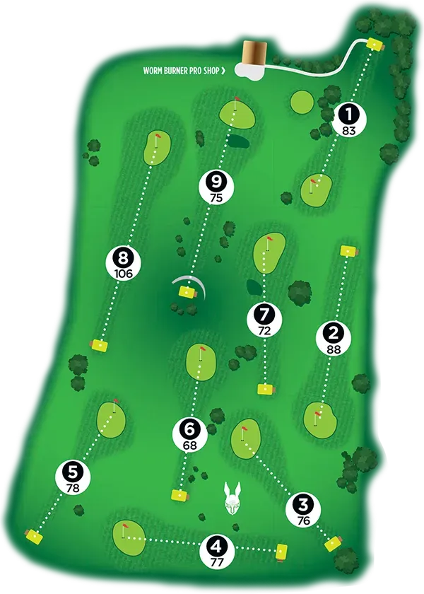 A map of The Badlands golf course showing the 9-hole, par 3 layout.